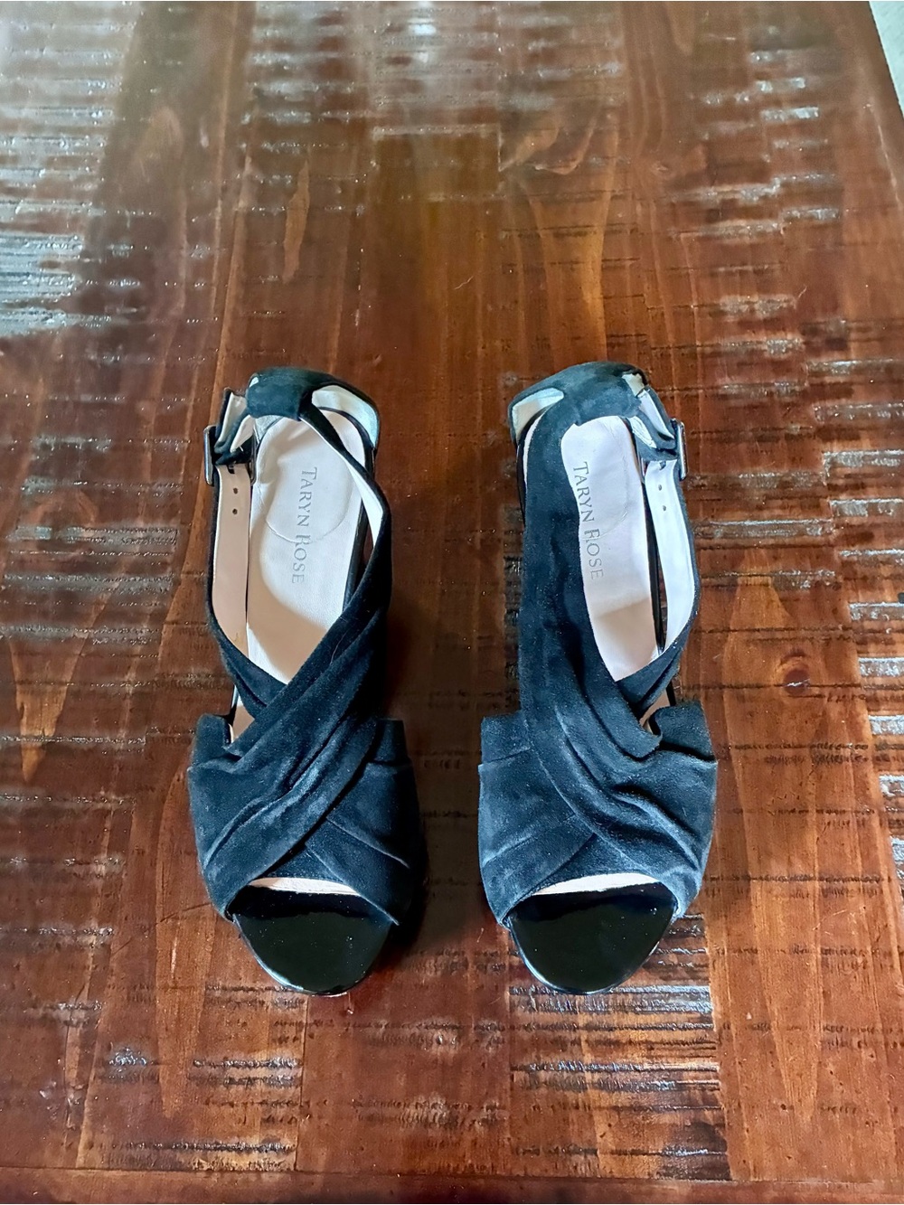 Taryn Rose Black Suede Twist Peep-Toe Slingback Wedge Heels